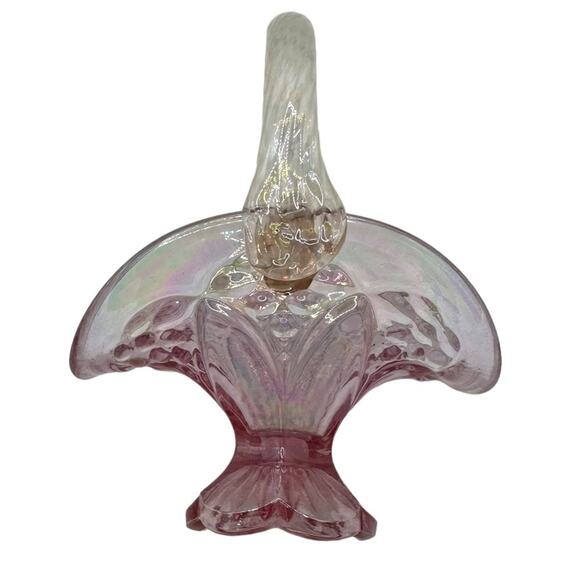 Vintage Fenton Art Glass Iridized Empress Rose Mini Basket Opalescent Handle - Picture 2 of 10